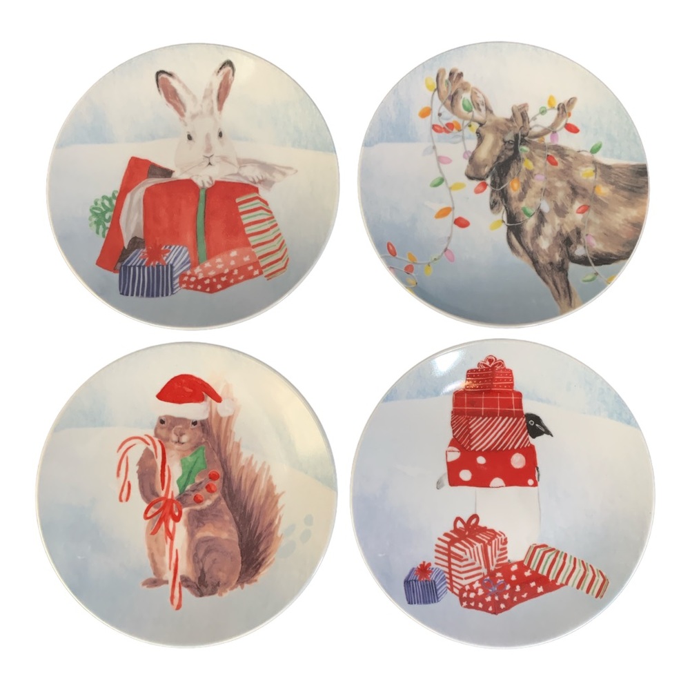 NORTH POLE TRADING CO Dessert Plates Good Tidings Set of 4 Porcelain Bunny Gifts